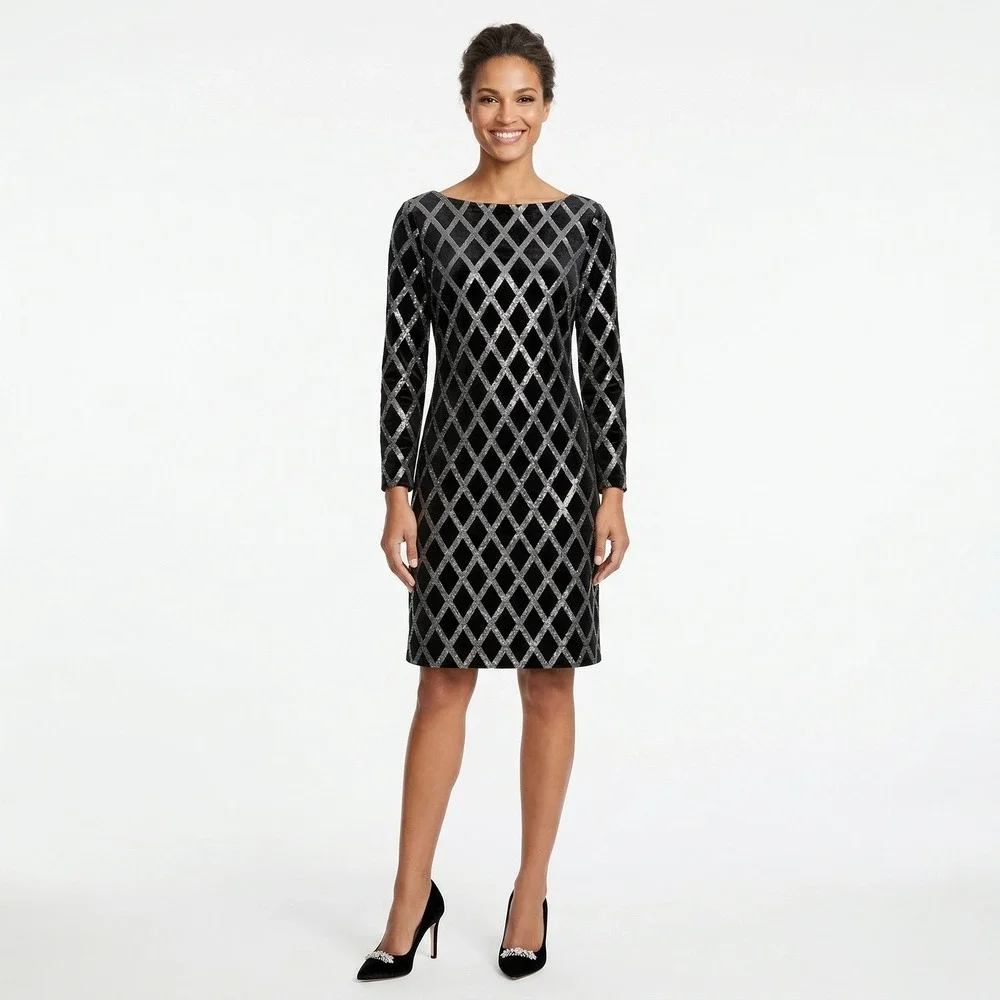 JH Evenings Black Silver Sparkle Velvet Sheath‎ Cocktail Dress Long Sleeve Sz 6